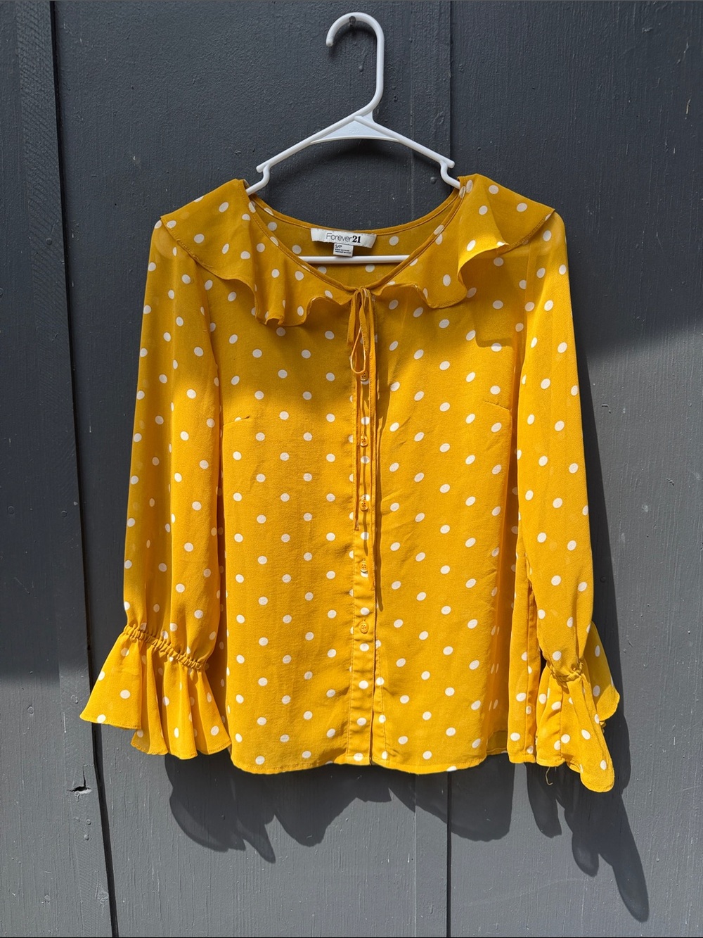 Forever 21 Yellow Polka Dot Ruffle Tie-Neck Blouse